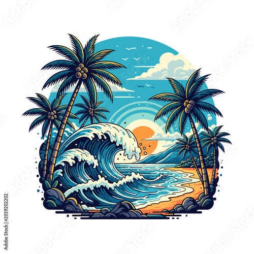 Tropical Beach Sunset Retro Illustration with Big Waves and Palm Trees