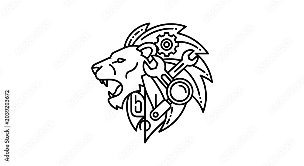 Obraz premium Roaring lion head with mechanical tools, gear, and wrench. Creative line art concept for engineering, automotive, or industrial business.
