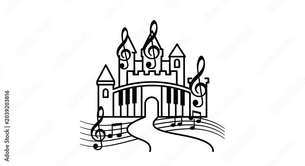 Obraz premium Fantasy music castle outline illustration with piano keyboard, treble clefs, and musical notes, creative concept