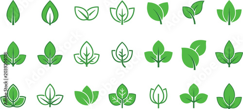 Photos Green Leaf Icon Set with Eco Nature Symbols Minimal Botanical Collection for Org