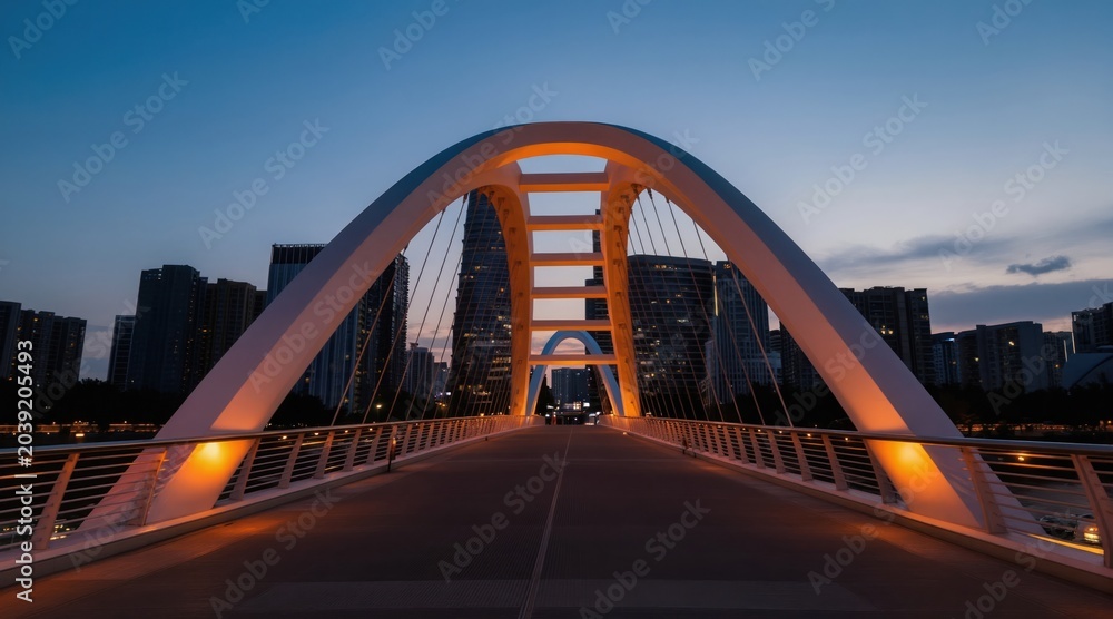 Fototapeta premium Modern bridge with arching structure and orange lights over river at dusk. Tall city buildings form urban backdrop. Wide angle perspective captures the sophisticated design and engineering marvel.