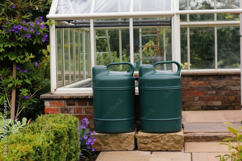 Obraz premium Two green water collection barrels sit by greenhouse collecting rainwater. They are part of sustainable gardening system to conserve water. This setup promotes eco-friendly practices for plant growth.