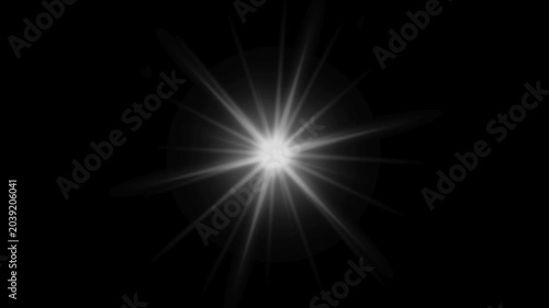 Glowing white starlight with lens flare on black background. Shining silver starburst motion graphic. Magic sparkle light overlay effect for decoration, composition, Video editing. 4K Loop animation