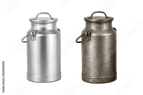 Konstfotografi Side by side comparison of a new stainless steel milk can and an aged vintage me