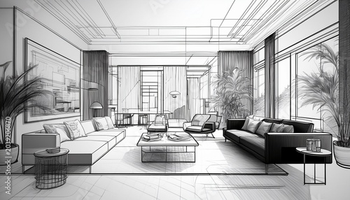 architectural line drawing sketch of a modern living room interior design perspective view showing furniture layout and spatial planning concept in black and white