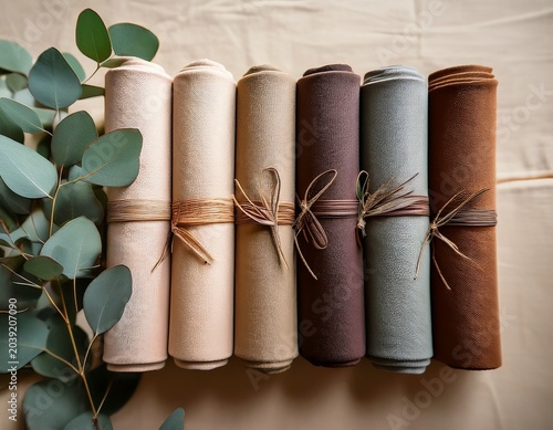 a harmonious row of rolled natural fabric swatches in earthy tones adorned with eucalyptus leaves symbolizing sustainable textiles and eco friendly design