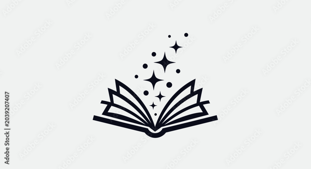Obraz premium Minimalist icon of an open book with magical sparkling dust.