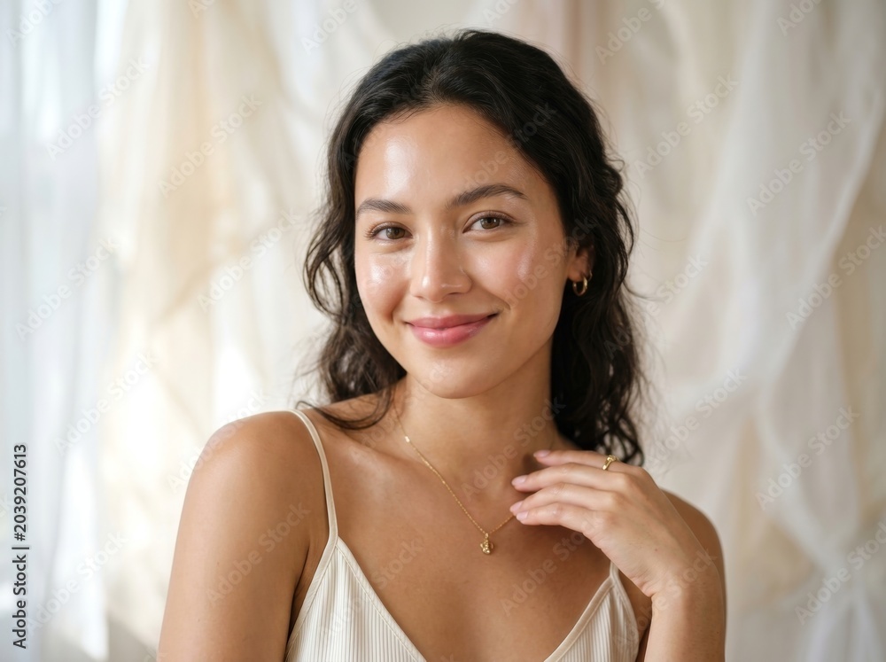 Naklejka premium Portrait of a radiant young woman with a natural smile, exuding serenity and confidence. Her delicate necklace adds a touch of elegance