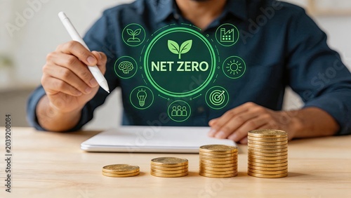 Net zero carbon emissions strategy concept with businessman planning sustainable future, green energy icons, growing coin stacks representing investment, climate change solution,