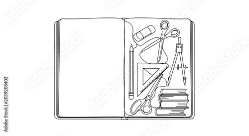 Foto Open Notebook with School Stationery Supplies Sketch