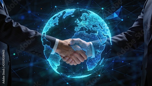 International business partnership handshake over digital globe network symbolizing global cooperation technology connection and worldwide collaboration agreement