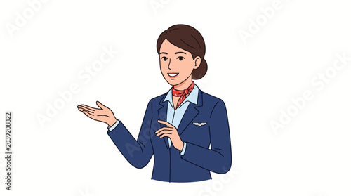 Foto An animated young woman in a flight attendant uniform gestures with her hand on a white background