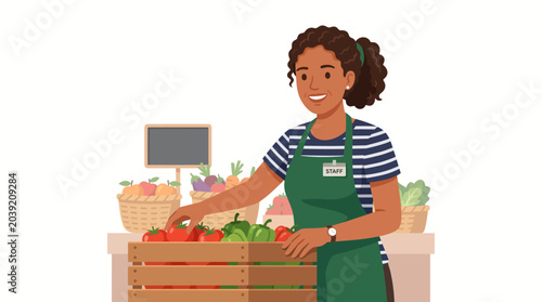 Tableau sur toile A smiling dark-skinned woman in a green apron arranging fresh produce in a wooden crate at a market stall with a clean white background