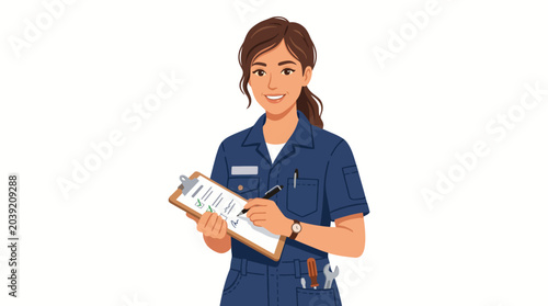 Fotografi Illustration of a smiling female nurse holding a clipboard with a pen, wearing a blue uniform against a plain white background