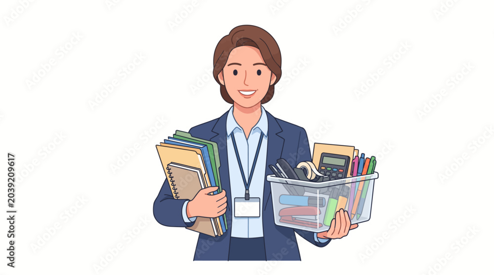 Αυτοκόλλητο A smiling businesswoman holding a stack of files and a file box full of documents in a professional setting with a clean white background