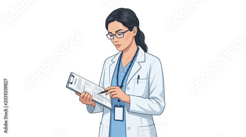 Female doctor in a white lab coat reviewing medical documents with a focused expression on a plain white background.