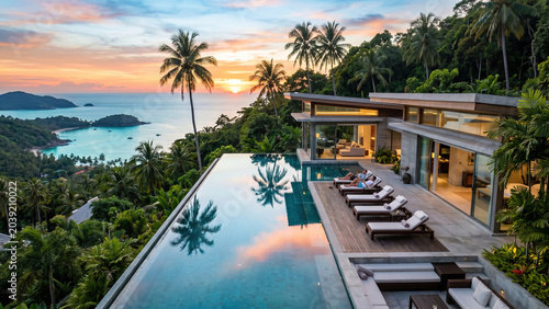 Luxury infinity pool overlooking tropical ocean at sunset with modern villa and palm trees