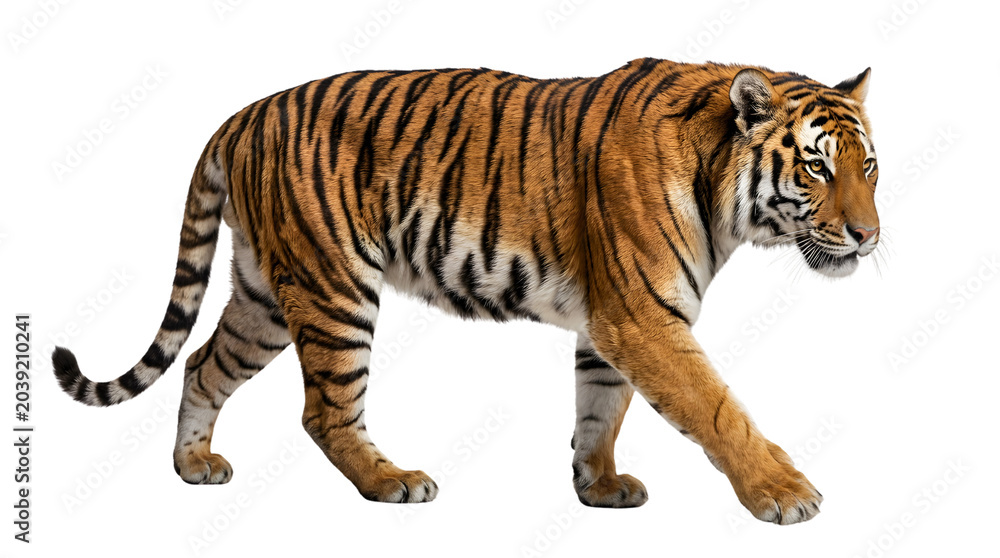 Obraz premium Bengal tiger walking on black background.