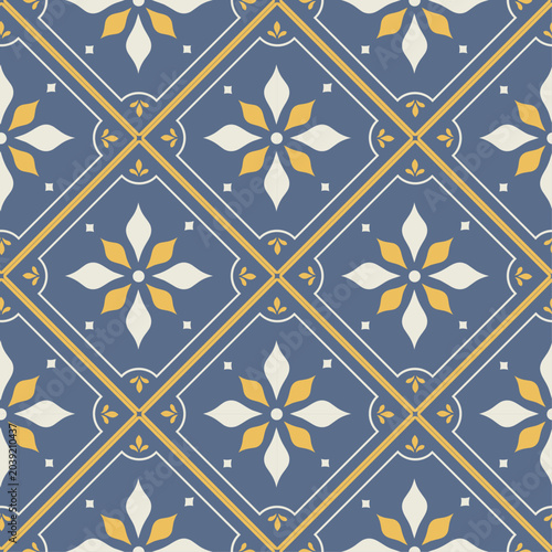 Blue Gold Geometric Tile Seamless Pattern Elegant Vintage Ceramic Wallpaper