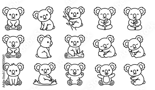 Photography Cute koala bear icon set clean line art vector sitting pose collection
