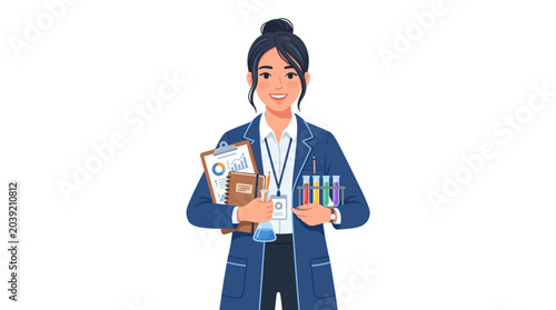 Fotografi A female doctor or nurse smiling while holding a clipboard and colorful markers in a flat, graphic illustration style against a clean white background