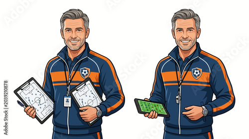 Foto Illustration of two identical men in blue and orange tracksuits holding various