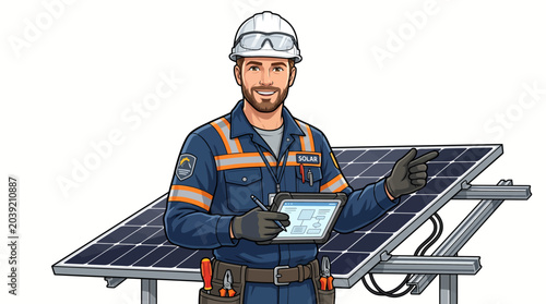 An industrial worker in a white hard hat and safety gear holds a tablet while standing in front of a solar panel array on a plain white background with a focus on renewable energy.