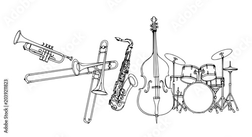 Foto Jazz Band Instruments Line Art: Saxophone, Trumpet, Trombone, Double Bass, Drums