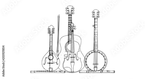 Konstfotografi Collection of String and Wind Instruments, Hand-Drawn Sketch Style