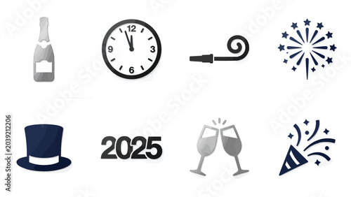 New Year's Eve 2025 celebration icons with champagne, clock, party horn, fireworks, top hat, and confetti popper.