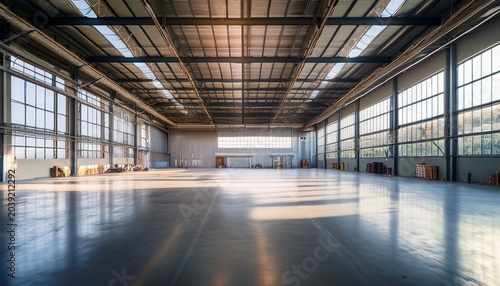 a spacious industrial warehouse with polished concrete flooring and soft natural light filtering through large windows