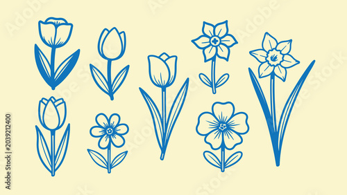 Quadro su tela Set of blue outlines of spring flowers, illustrations of tulips and daffodils