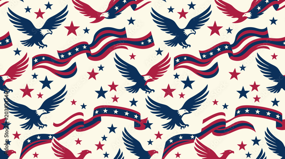 Obraz premium Patriotic Pattern with Eagles Stars and Red White Blue Ribbons.