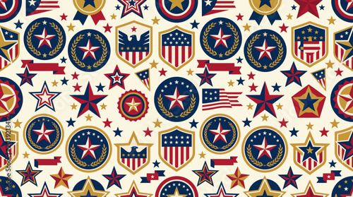 Photos Patriotic American Symbols Pattern with Stars Shields and Stripes on Fabric