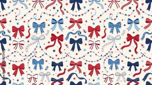 Valokuva Repeating bow and ribbon pattern with red and blue accents on a dotted decorative background