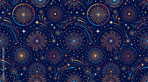 Tableau sur toile Night Sky Fireworks Pattern with Bright Bursts on Deep Blue Background for Celebration and Decoration