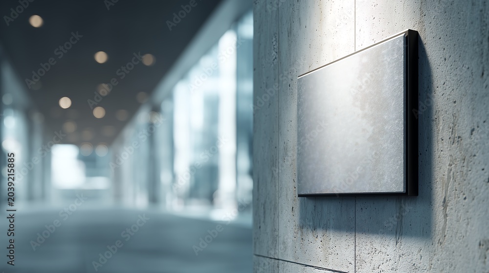 Fototapeta premium Blank rectangular signage panel mockup on a contemporary textured grey wall under soft lighting