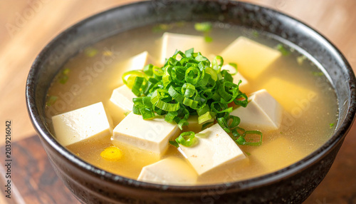 Miso Soup Delight: A steaming bowl of traditional miso soup, brimming with cubes of silken tofu and garnished with fresh green onions, offering a taste of authentic Japanese cuisine.
