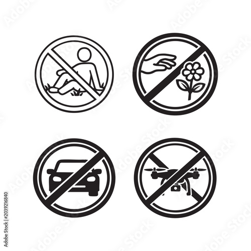 Park Prohibition Icons – No Grass, Flowers, Cars, Drones