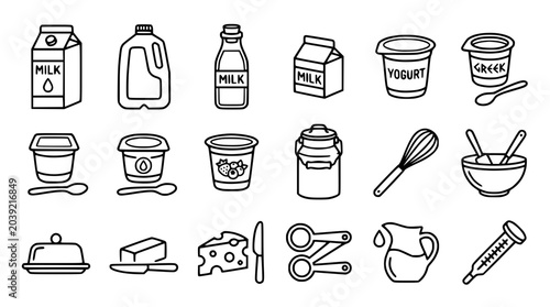 Fotografie Dairy Products Line Art Icons: Milk, Yogurt, Cheese, Butter, Creamer, Whisk, Bow