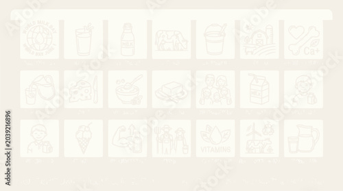 Bild auf Leinwand Dairy Farm Icons Set: Milk, Cheese, Butter, Cow, Ice Cream, Farmer, Barn, Health