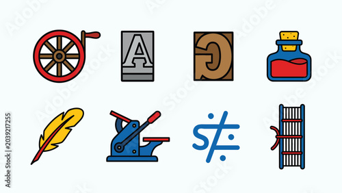 Set of vintage printing and writing tools icons, including a wheel, letterpress blocks, ink bottle, quill, printing press, and bound books.