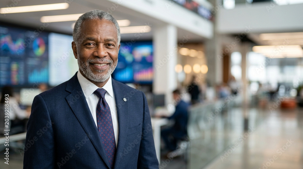 Fototapeta premium Portrait of a smiling senior African American businessman in a navy suit standing in a modern corporate office with data visualization screens and colleagues in the background.