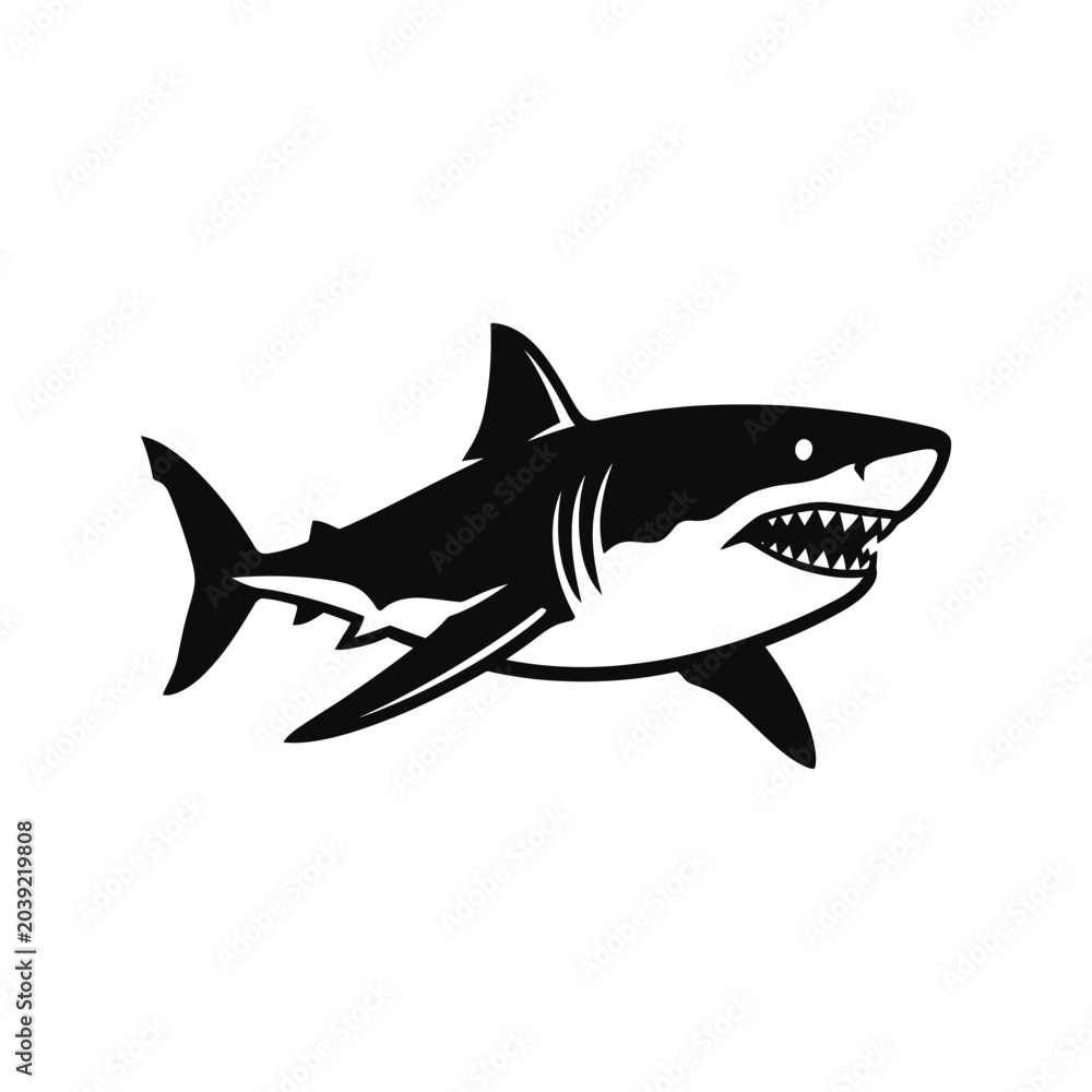 Fototapeta premium Great White Shark Silhouette Vector Icon Isolated on White Background, Marine Predator Logo Design, Ocean Wildlife Illustration