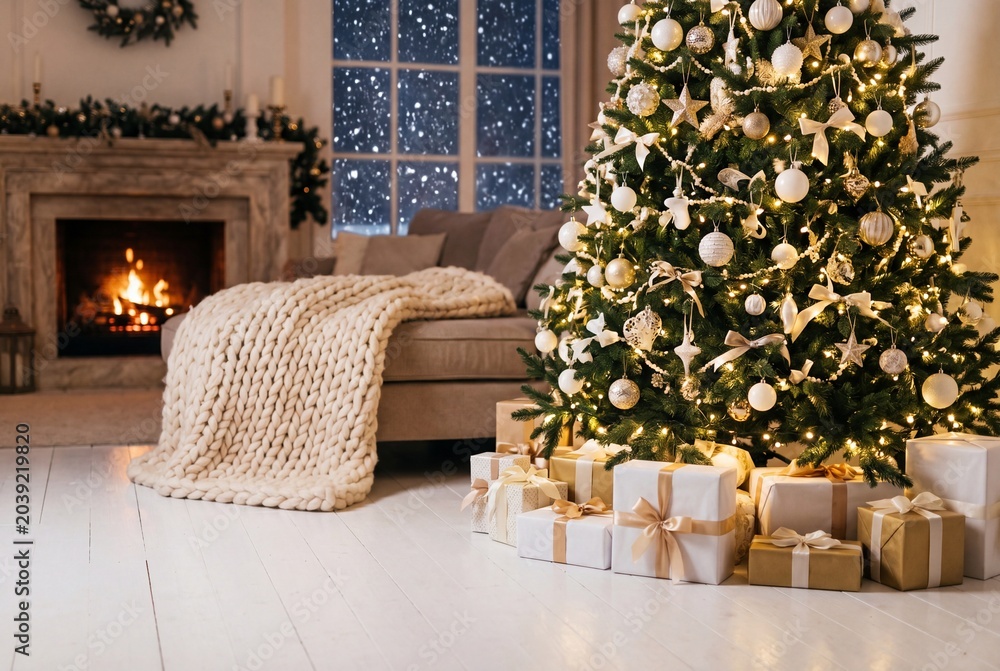Naklejka premium Christmas Tree With Gold And White Ornaments In Living Room