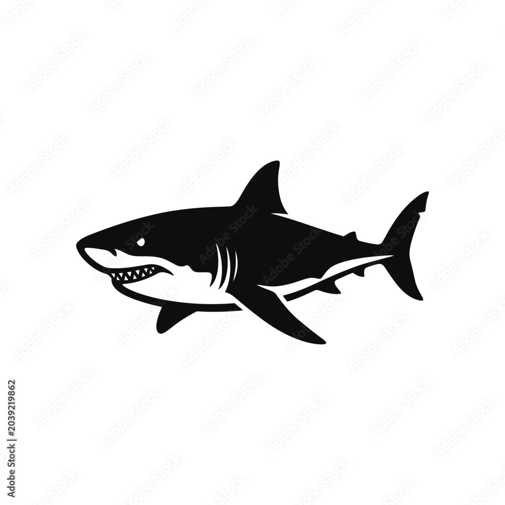 Obraz premium Great White Shark Silhouette Vector Icon Isolated on White Background, Marine Predator Logo Design, Ocean Wildlife Illustration