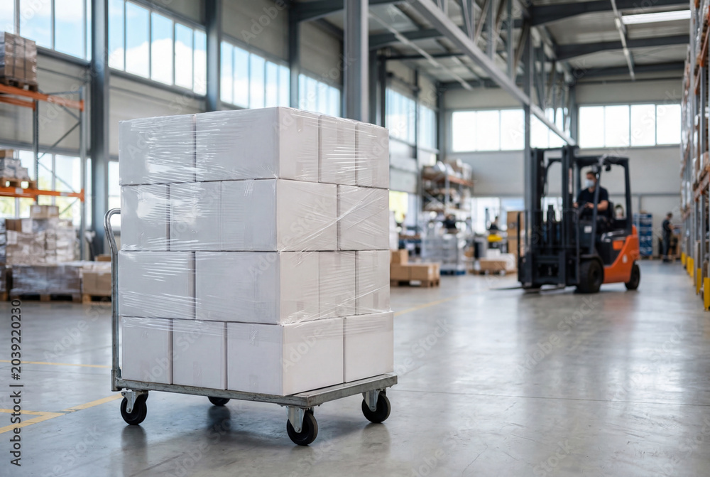 Naklejka premium Pallet of wrapped white boxes in warehouse with forklift