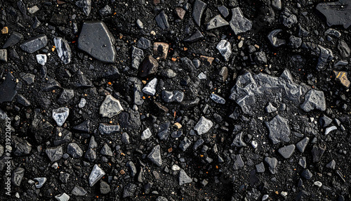 Crushed Asphalt Texture: A detailed close-up showcases the rough, textured surface of crushed asphalt, revealing a mix of dark aggregates and smaller stone fragments.