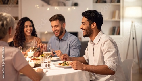 Friends laughing and enjoying dinner together.