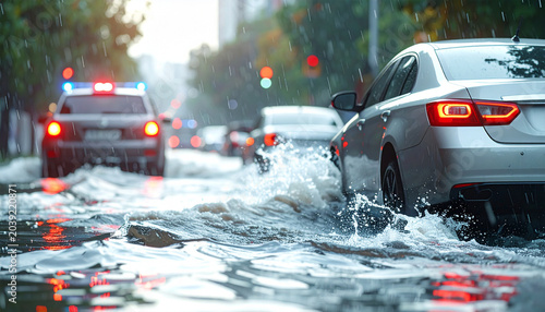 Flash Flood on City Street: Cars navigate through a submerged city street during a torrential downpour, with water splashing high around their tires and emergency lights flashing in the distance.